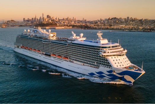 A cruise ship sailing in the ocean with a city skyline in the background